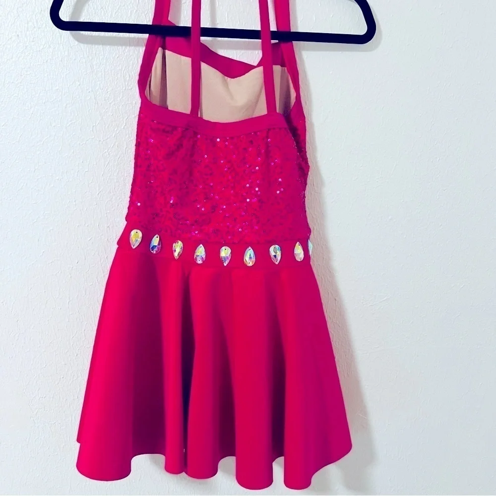 Weissman LC Large (12-14) Pink Sequins & Crystal Dance Costume Halter Neckline